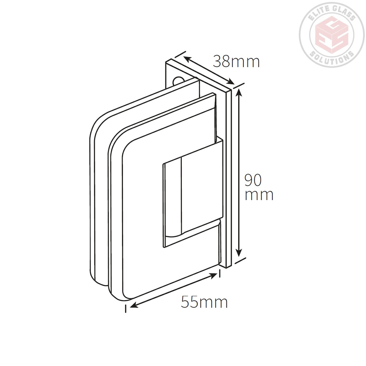 Bevelled 90 degree glass to wall shower hinge in a satin chrome finish